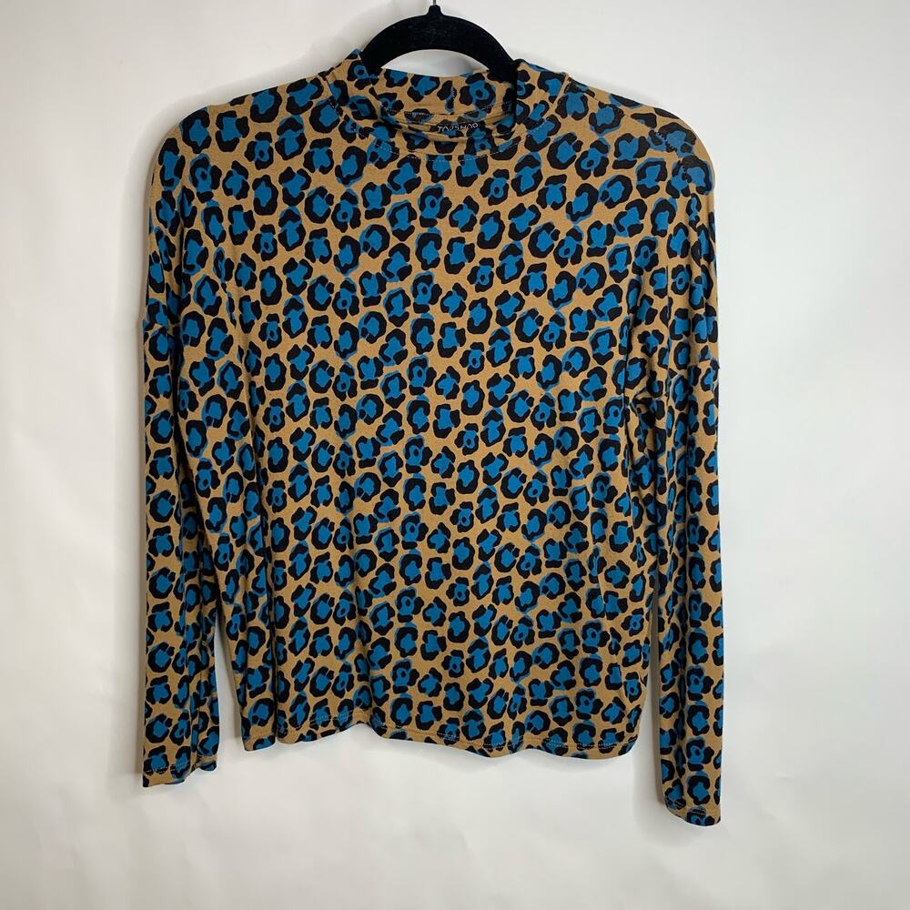 Topshop Cheetah Mock Neck Shirt Camel Black and Turquoise Sz 4 - Picture 5 of 8